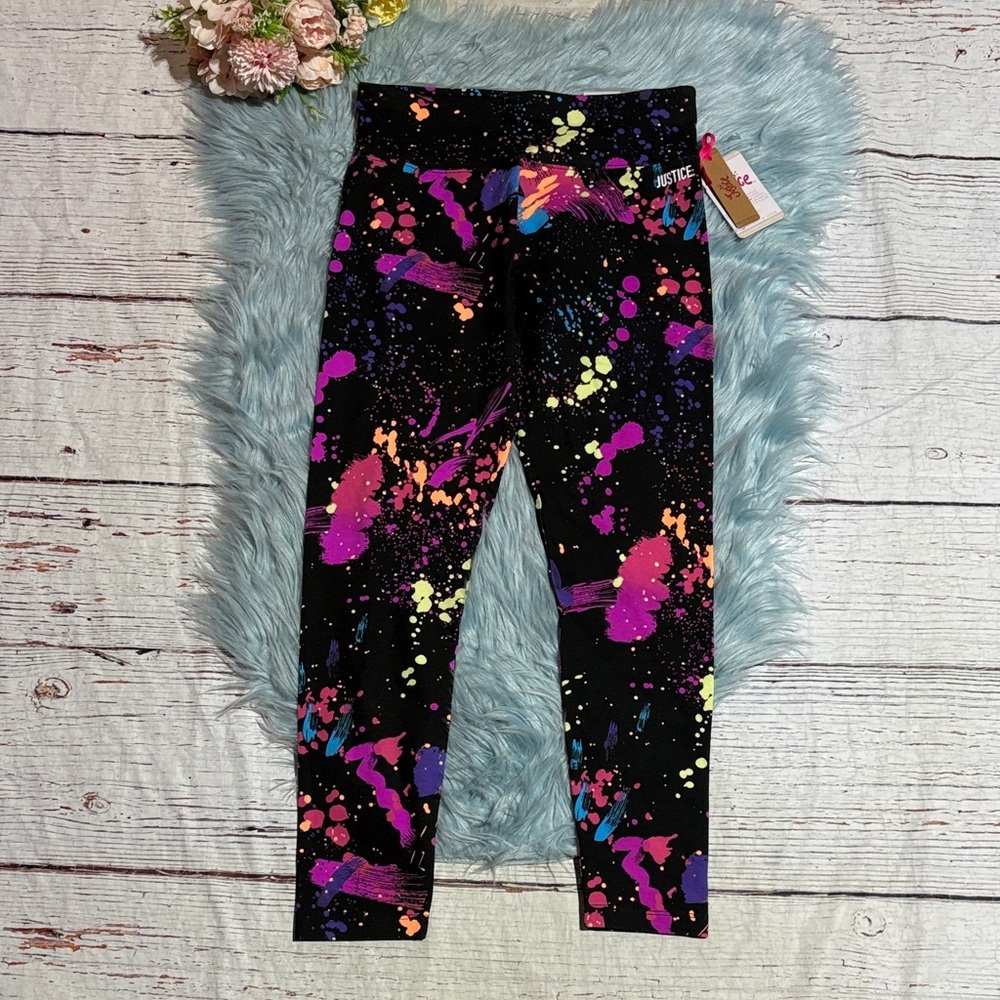NWT Justice Black Full Length Leggings with Pink, Purple, and Yellow Splatter
